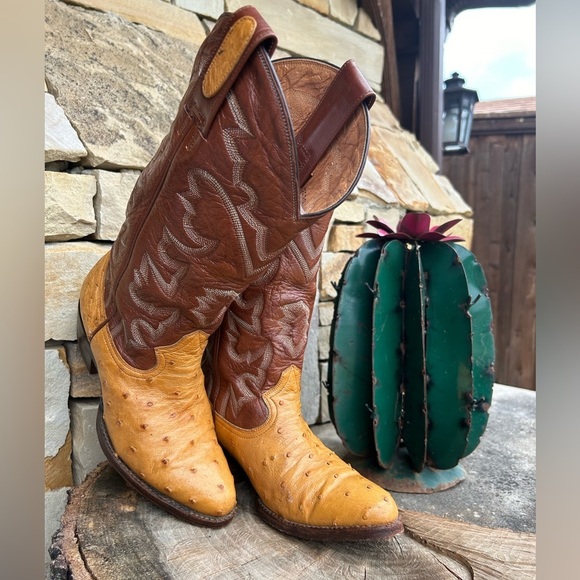 Montana Exotic Ostrich Tan & Brown Heeled Boots with Western Stitching Sz-7.5. P - Picture 2 of 9